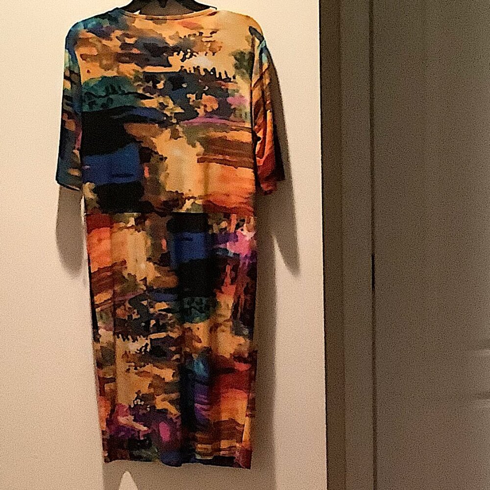 Nina Leonard, jewel-colors abstract wrap-around dress, Size L - Picture 6 of 10